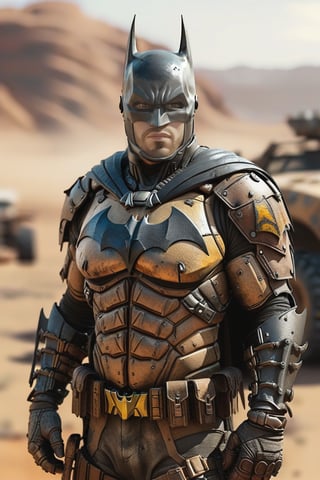 Create an ultra-realistic digital illustration of a Batman-style suit designed for a Mad Max desert environment. The suit should combine the iconic elements of Batman's armor with the rugged, post-apocalyptic aesthetic of Mad Max. The armor should feature weathered, dusty textures with a mix of high-tech and makeshift components, reflecting the harsh desert conditions. The design should include practical elements like reinforced plating, desert camouflage, and survival gear. The background should depict a desolate, sun-scorched desert landscape, emphasizing the extreme environment. The overall composition should convey a sense of resilience, adaptability, and raw power, capturing the fusion of Batman's iconic look with the gritty, survivalist theme of Mad Max."