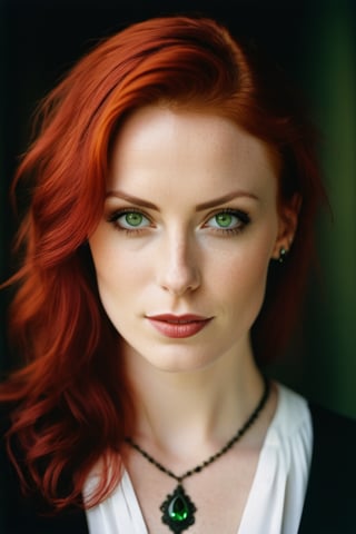 A Photograph: A gothic portrait capturing a woman with piercing green eyes, fiery red hair, and a slight smile in a formal white blouse. Warmly lit, medium format shot with a Hasselblad.