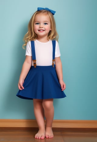 (full body photo of a toddler girl 5 year-old), perfect face, single background, white hair, Long messy Wavy Hair, hair bow,  realistic, skirt suspenders, best possible lighting, detailed face, thick and detailed hair, lips,MSWS,William Morris Art