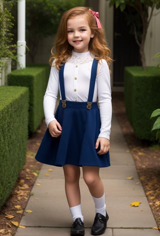 little girl, 7 year-old, full body, skirt suspender, suspender, tulle sleeves, white shirt, collar bib, lace, secret garden background, looking at viewer, redhead hair, Long messy Wavy Hair, hair bow, long sleeves, black shoes, realistic, sunny day, soft smile, MSWS,Long Natural Wavy Hair,MSWS,skirt suspenders,Wavy Hair