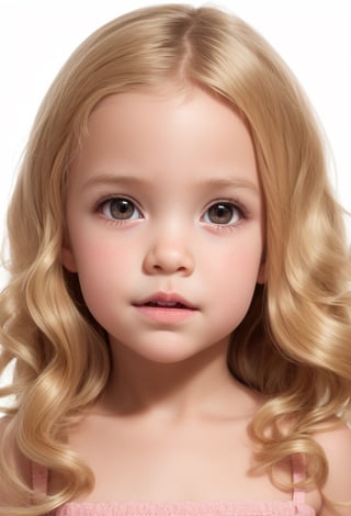 full body portrait of a little girl 7 year-old, perfect face, pink eyes, single background, ((white hair)), Long messy Wavy Hair, realistic, best possible lighting, detailed face, thick and detailed hair, lips,Long Natural Wavy Hair,Wavy Hair,long hair,blond hair