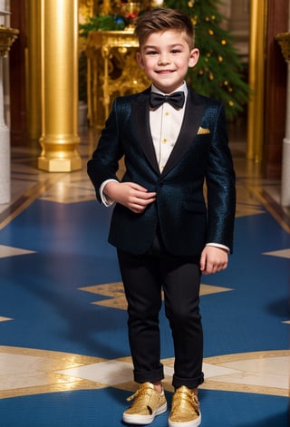 solo, 1boy, little boy 8 year-old blond caucacian white skin ((looking at viewer)) full body, (ornament black suit), gold flowers, black ornament pants, dark tie, sneakers white, Dolce & Gabbana, standing on cathedral hall, (men suit) smile, gold watch