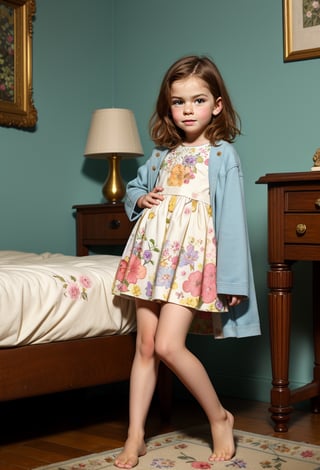 style by william morris art, classic living room, dolce & gabbana little girl 8 year-old caucacian white skin ((looking at viewer)) full body (high quality, very_high_resolution), vintage, floral pattern, vintage bed, chair, walls, carpets, door, window, nightstand, lamp, William Morris Art,Dolce & Gabbana,William Morris Art,texture wm,floral pattern,nature,texture,vintage,child