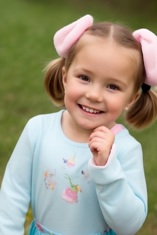 1girl, kid, solo, looking at viewer, smile, ((ltt, long messy hair, low twin ponytails)), long sleeves, dress, jewelry, earrings, blurry, depth of field, blurry background, animal, one side up, child, rabbit, female child,LTT,low twin tails