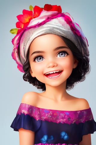 photorealistic, upper body, stand, 1girl 7 year-old, (smile, happy, grin, open mouth, beautiful gray eyes), thick eyebrows (Turbant:1.2), super detailed skin texture, looking at viewer, black hair, off shoulder floral dress bright and very colorful, silver blue, photo studio, dark simple blurred background, perfectly illumination,turbant