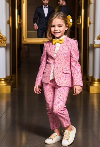 solo, 1girl, little girl 8 year-old caucacian white skin ((looking at viewer)), blond slicked Straight very long hair, full body, ornament white suit, Chamomile flower, floral  pants, dark purple tie, sneakers white, Dolce & Gabbana, standing on cathedral hall, (men suit floral print) smile, yellow shiny shoes, gold watch