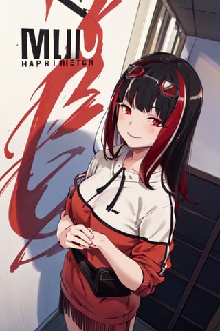 ultra high res, (best quality, masterpiece, intricate details), ultra-detailed,(fashion illustration anime), professional lighting, ((full body)), ((black hair)), ((fringe of hair Red streak in front)), (looking at viewer:1.2), (Red eyes), (detailed hands draw:1.4), (girl:1.5), Curled hair, (curvy), narrow waist, (real skin, oiled Skin), (Red sweatshirt with a black logo in the center:1.3), swimming goggles in the neck, (female body, narrow waist), (red hair accessory), On the room, intricate details,photorealistic,anime, happy