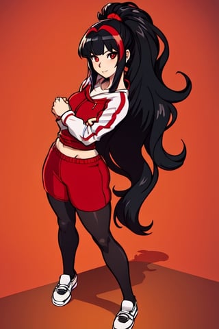 ultra high res, (best quality, masterpiece, intricate details), ultra-detailed,(fashion illustration anime), professional lighting, ((full body)), ((black hair)), ((fringe of hair Red streak in front)), (looking at viewer:1.2), (Red eyes), (detailed hands draw:1.4), (girl:1.5), Curled hair, (curvy), narrow waist, (real skin, oiled Skin), (Red sweatshirt with a black logo in the center:1.3), swimming goggles in the neck, (female body, narrow waist), (red hair accessory), On the room, intricate details,photorealistic,anime, happy