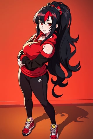 ultra high res, (best quality, masterpiece, intricate details), ultra-detailed,(fashion illustration anime), professional lighting, ((full body)), ((black hair)), ((fringe of hair Red streak in front)), (looking at viewer:1.2), (Red eyes), (detailed hands draw:1.4), (girl:1.5), Curled hair, (curvy), narrow waist, (real skin, oiled Skin), (Red sweatshirt with a black logo in the center:1.3), swimming goggles in the neck, (female body, narrow waist), (red hair accessory), On the room, intricate details,photorealistic,anime, happy