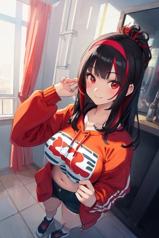 ultra high res, (best quality, masterpiece, intricate details), ultra-detailed,(fashion illustration anime), professional lighting, ((full body)), ((black hair)), ((fringe of hair Red streak in front)), (looking at viewer:1.2), (Red eyes), (detailed hands draw:1.4), (girl:1.5), Curled hair, (curvy), narrow waist, (real skin, oiled Skin), (Red sweatshirt with a black logo in the center:1.3), swimming goggles in the neck, (female body, narrow waist), (red hair accessory), On the room, intricate details,photorealistic,anime, happy