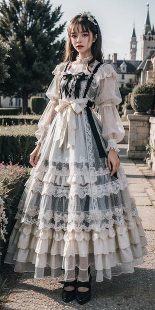 realistic, photorealistic, masterpiece, best quality, top quality, ultra high res, lolita_dress, 1girl, solo, slim, looking at viewer, full body, long hair, standing, dynamic pose, detailed background, in garden, castle, netural lighting, (pureerosface_v1:0.5),lolita_dress