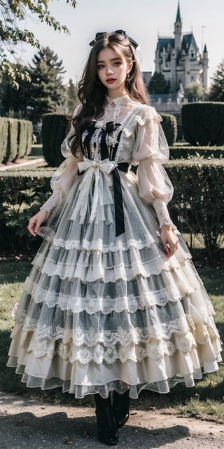 realistic, photorealistic, masterpiece, best quality, top quality, ultra high res, lolita_dress, 1girl, solo, slim, looking at viewer, full body, long hair, standing, dynamic pose, detailed background, in garden, castle, netural lighting, (pureerosface_v1:0.5),lolita_dress