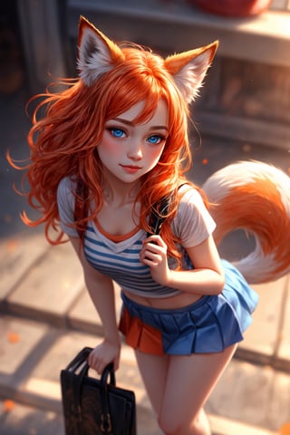 masterpiece, best quality, fox girl, elegant, 1girl, fox ears, fox tail, cute, blushed, looking at viewer, from above, orange hair, mini skirt, white and red striped T-shirt, blue eyes,1 girl