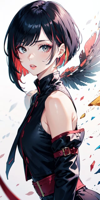 1 teen girl,solo, upper body,looking at viewer, white background, bob cut, short hair, multicolored hair, makeup, parted lips, almond shaped lips, eyeliner, ,walkure /(takt op./)