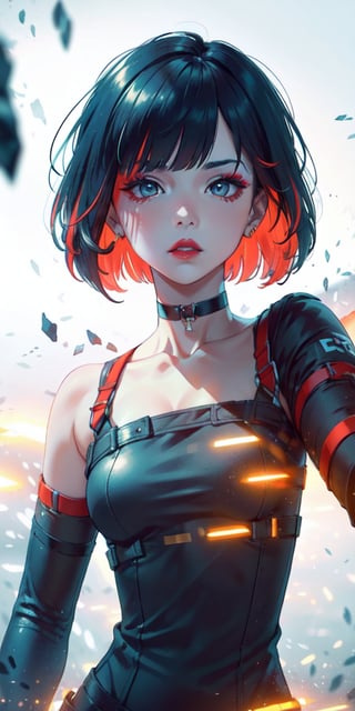 1 teen girl, female_solo, upper body,looking at viewer, (dynamic pose), white background, bob cut, short hair, multicolored hair, makeup, parted lips, red lips, eyeliner, ,walkure /(takt op./), choker, harnesses, top