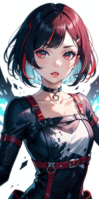 1 teen girl,solo, upper body,looking at viewer, (dynamic pose), white background, bob cut, short hair, multicolored hair, makeup, parted lips, red lips, eyeliner, ,walkure /(takt op./), choker, harnesses, top