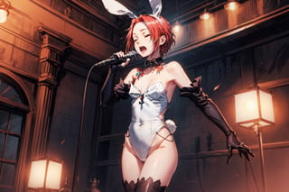 harudesu, (masterpiece, best quality:1.4),  (traditional media), (oil painting:0.9), (sketch:1.2), (extremely detailed CG unity 8k wallpaper:1.2), solo focus, gloves, open mouth, flat chest, thighs, playboy bunny, (white leotard), bare shoulders, strapless, fake animal ears, rabbit ears, rabbit tail, choker, standing, tattoo, red hair, casino, indoors, scenery, singing, holding microphone, backlighting, exceptional, extremely detailed, narrow waist, (best aesthetic), absurdres, incredibly absurdres, covered navel, skin tight, nswf, closed_eyes, sing, singing 