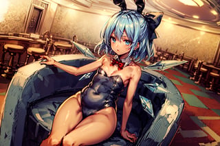 cirno, tanned cirno, casino, sitting, (masterpiece, best quality:1.4), (beautiful detailed eyes),  1girl, solo focus,  (masterpiece, best quality:1.4), (traditional media), (oil painting:0.9), (sketch:1.1), (extremely detailed CG unity 8k wallpaper:1.2), (blue leotard), thighs, playboy bunny, bare shoulders, strapless, fake animal ears, rabbit ears, rabbit tail, bowtie, red bowtie, (highres, high quality:1.4), scenery, extremely detailed, intricate details, casino, indoors, best aesthetic, exceptional, blue eyes, blue hair, ice wings, small breasts, (HD), (4K), dark-skinned_female, dark_skin