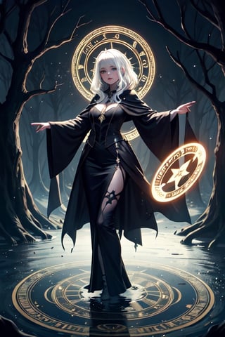 Halloween theme, beautiful and powerful witch standing on the river, big mystical tree, 1girl, witch, white hair, big colorful magic circle detailed background, magic, magic circle, cinmatic lighting