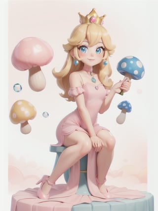 baby face, highres, masterpiece, perfect ligthing, bloom, cinematic lighting, perfect skin, female, ((long shot)), graceful, Wide-Legged Seated, Forward Bend, smile, narrow waist, skinny, soap bubbles with mushrooms inside, , (PrincessPeach), (Princess Peach), (Pink dress:1.6), choker, detailled eyes, blue eyes, choker, princess crown, mushroom garden, pink lips, ((glossy lips)), pumps, glossy skin, oily skin, beautiful light, (day:1.3), bright,