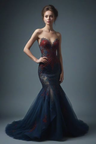 Create an image of an elegant mermaid-style dress with a fitted bodice adorned with red and white floral embroidery that cascades to the hip area. Next, have the dress flare dramatically in layers of delicate white lace or tulle, contrasting with the deep red of the top of the dress. Place it on a (((deep blue background to enhance the vibrancy of the colors and details of the dress design in hard light)))