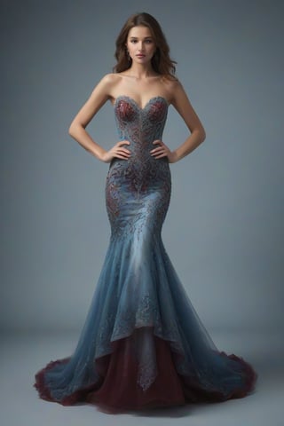 Create an image of an elegant strapless mermaid dress with a sweetheart neckline and details with intricate silver-white embroidery and beading on the bodice. The dress should have gathered layers of deep red fabric from mid-thigh to the floor, embellished with sparkling crystals or rhinestones. Place it on a((( textured blue background that contrasts beautifully with the colors of the dress.)))