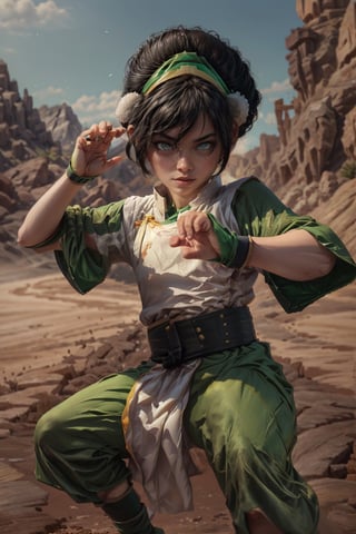 masterpiece, best quality, 1girl, black hair, hair bun, short hair, green hairband, Chinese clothes, short sleevea, white pupils, blind, dessert, scenery, martial arts pose, extremely detailed. 