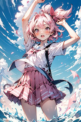 Flat anime style, A cute school girl, short pink hair, pink eyes, white skin, wearing a school uniform, cute.