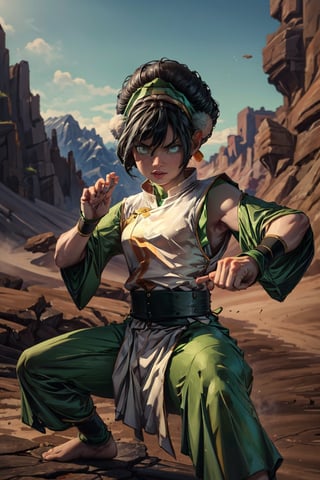 masterpiece, best quality, 1girl, black hair, hair bun, short hair, green hairband, Chinese clothes, short sleevea, white pupils, blind, dessert, scenery, martial arts pose, extremely detailed. 