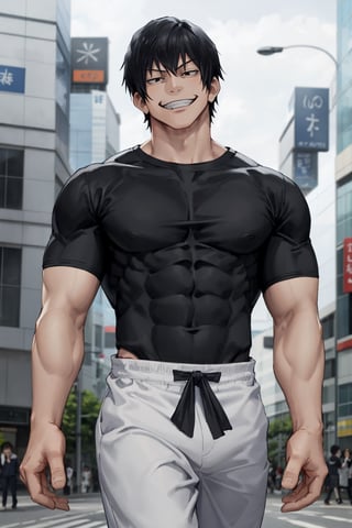 masteroiece, best quality, flat, 1boy, t0uj1, black hair, black shirt, short hair, black eyes,  white baggy pants, bangs, muscular male, outdoors,  shibuya, evil grin