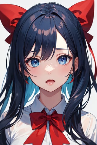 (masterpiece), best quality, expressive eyes, perfect face, 1girl, solo, blue hair, red bowtie, blue shirt, open_mouth, neck_tie