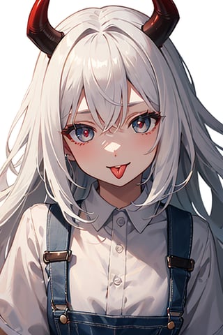 (masterpiece), best quality, expressive eyes, perfect face, 1girl, solo, demon girl, white hair, yellow horn, white shirt, red overalls, closed_mouth, tongue out, :p