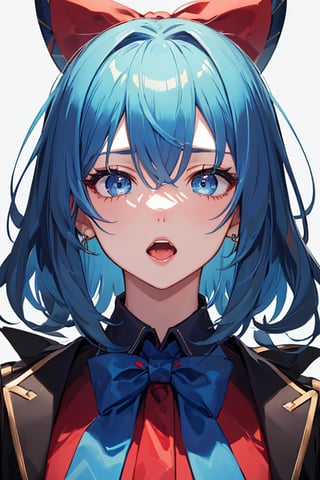 (masterpiece), best quality, expressive eyes, perfect face, 1girl, solo, blue hair, red bowtie, blue shirt, open_mouth, neck_tie