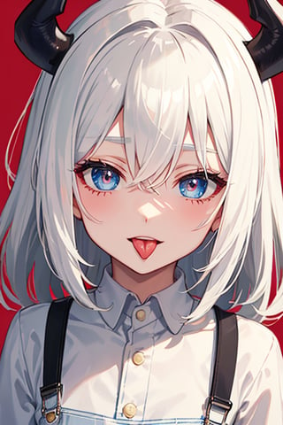 (masterpiece), best quality, expressive eyes, perfect face, 1girl, solo, demon girl, white hair, yellow horn, white shirt, red overalls, closed_mouth, tongue out, :p