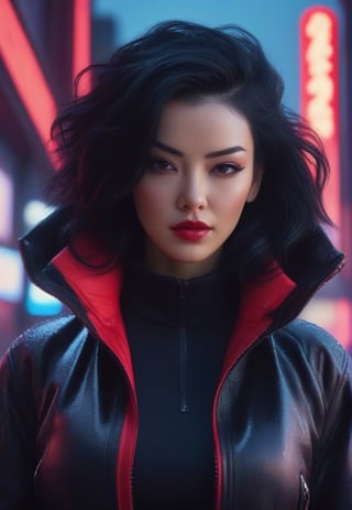 (masterpiece, high quality, realistic), cyberpunk woman, (black hair), wearing (black-red jacket), (nostalgic expression), (snowy cyberpunk city setting), (vivid neon lights), (detailed lighting contrast), (screens in background lighting), great attention to detail, (up close shot), (octane rendering), 8K resolution.