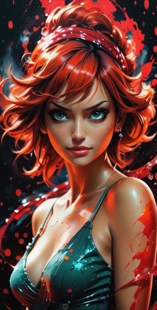 Ultra realistic poster featuring Nami from One Piece enveloped by a red matrix backdrop, inspired by the artistic styles of Daniel Castan, Carne Griffiths, Andreas Lie, Russ Mills, and Leonid Afremov, set against a dark background, infused with a cinematic quality, high detail, digital painting.