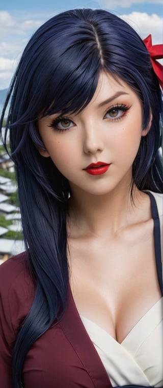 a close up of a person with long hair, hyuga hinata, hyuga hinata from naruto shippuden, from naruto shippuden, as an anime character, perfect anime face, she has dark blue hair with bangs, female anime character, anime character, anime best girl, hime cut hairstyle, dark blue hair, (red glossy lips:1.3), white eyes, byakugan eyes, smile, city background, (beautiful face:1.3)