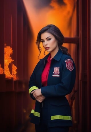 /imagine prompt: Subject: A fearless  woman firefighter Purpose: Portrait Mood: Curious Style: ((vibrants colors)) Background: Fire station Create striking and mysterious portraits in simple vibrants colors compositions. Play with shadows and highlights to capture the essence of the subject. Use the ancient library as a minimalistic background to emphasize the raw emotions a