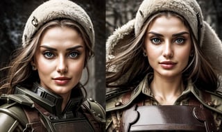 create a photo whit powerfull camera, the one stuning woman  in the middle of the ukranie war