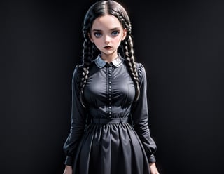 1girl, solo, black lips, black hair, dress, black dress, black nails, black eyes, crossed arms, black background, braid, black theme, looking at viewer, simple background, long sleeves, twin braids, bangs, long hair, dark-skinned female, collared dress, cowboy shot, dark skin, nail polish, Wednesday addams \(character \), character \(theme\),(anime)