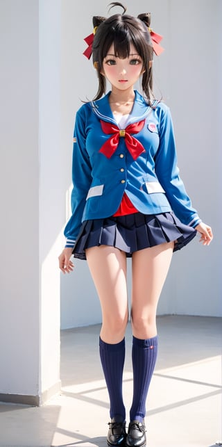 beautiful Japanese woman in a cosplay Japanese high school uniform with long socks, (medium breast), beautiful legs, shot on a Sony a7III by Richard Avedon, petite, emotive expressions, i can't believe how beautiful this is, hyper-realistic