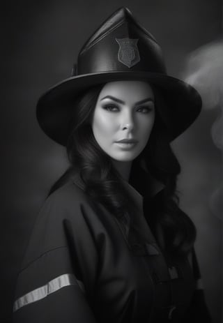 /imagine prompt: Subject: A fearless  woman firefighter Purpose: Portrait Mood: Curious Style: Black and white Background: Fire station Create striking and mysterious portraits of a wise old wizard in simple black and white compositions. Play with shadows and highlights to capture the essence of the subject. Use the ancient library as a minimalistic background to emphasize the raw emotions and the depth of knowledge of the wizard.