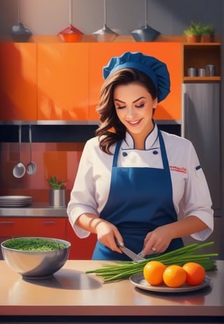 /imagine prompt: Subject: A passionate woman chef Purpose: Portrait Mood: Curious Style: vibrant colors,Background: Kitchen Create striking and focused portraits of a passionate chef in simple vibrant colors compositions. Play with shadows and highlights to capture the essence of the subject. Use the kitchen as a minimalistic background to emphasize the raw emotions and the culinary mastery of the chef. -