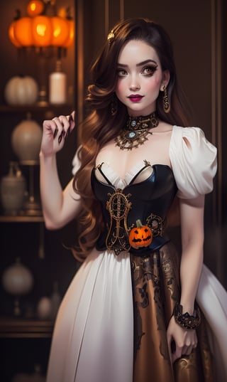 Steampunk girl, halloween, with pumpkins and bats, inside a circle, white outside the circle, simple, beautiful, modern watercolor style
,Haute_Couture