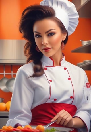 /imagine prompt: Subject: A passionate woman chef Purpose: Portrait Mood: Curious Style: vibrant colors,Background: Kitchen Create striking and focused portraits of a passionate chef in simple vibrant colors compositions. Play with shadows and highlights to capture the essence of the subject. Use the kitchen as a minimalistic background to emphasize the raw emotions and the culinary mastery of the chef. -