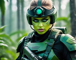 close up, Petty officer war girl wearing green war paint with weapon drawn, moving through the bush in an alien planet. High resolution close up