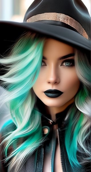 a woman with white hair wearing a tight black jacket and a hat, in the style of mashup of styles, light gray and light bronze, edgy, soft-focus technique, dark white and dark cyan, soft edges, eye-catching