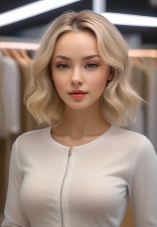 a (selfie) of a pretty russian 1girl, Skin luster, Rembrandt lighting, wearing counseling psychologist outfits, (infrared hair, retriever hair), Various postures, embarrassed, small breasts, in the (clothing store), her peaceful expression and gentle breathing create a calming atmosphere, natural skin texture, hyperrealism, hdr, hyperdetailed, RAW photo, photorealistic, best quality, highres, realistic, 8k, caustics, dynamic light, beautiful and delicate lips, delicate fingers, detailed pupil, real human skin