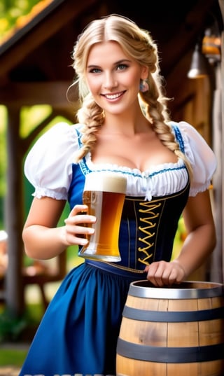 Create a professionsl photo of a traditional German woman, dressed in a Dirndl, standing in front of a wooden barrel in a cozy Bavarian beer garden, surrounded by lush greenery and towering trees. She should be holding a large stein of foamy beer in one hand and a pretzel in the other, with a cheerful and friendly expression on her face.
The woman should have a robust build, with long blonde hair braided into a bun and adorned with a traditional Bavarian hat, and a blue and white Dirndl that is embroidered with traditional German symbols. She should be standing in a classic Bavarian beer garden, with wooden tables and benches scattered around, and a few barrels and kegs in the background.
In the background, there should be a few traditional German buildings, such as a Fachwerkhaus (a timber-framed house) and a church steeple, giving the scene a quintessential Bavarian feel