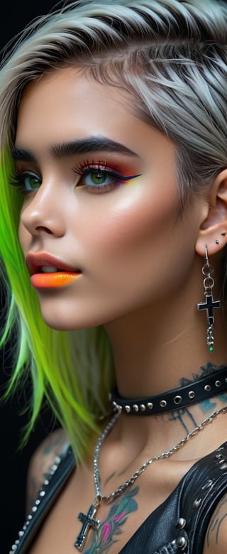 Photo 32k hyper-detailed ultra-realistic depiction oil paint side view, a beautiful young woman with hair that stands up like a panker in neon colors, she has a leather band with studs and silver chains around her neck, black crosses as earrings, neon colored make-up, bright green eyes, tattoos on the neck and ears, background black and white blurred.